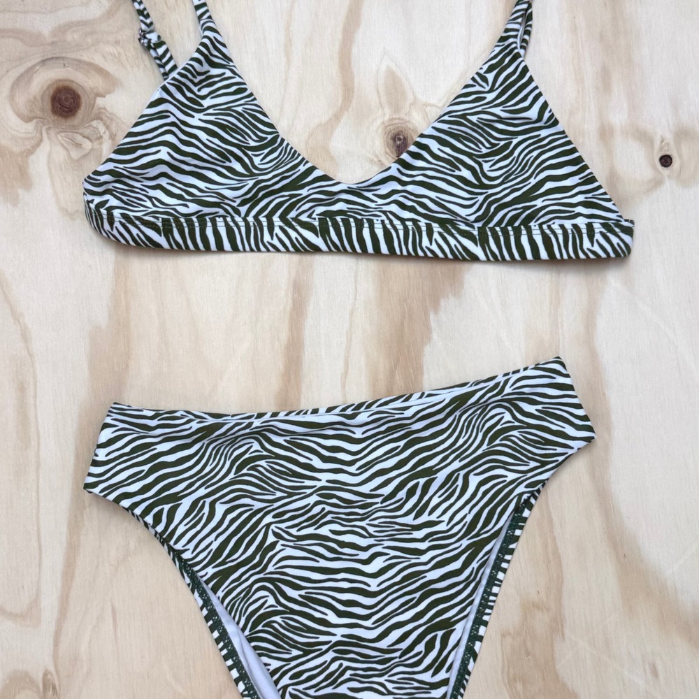 Demi's Swimwear Womens Olive Green Zebra Print Bikini Set Triangle High Waist M